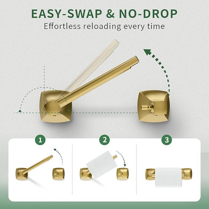 Toilet Paper Holder Wall Mount Brushed Gold Double Post Pivoting Tissue Roll Holder Stainless Steel and Zinc Alloy for Bathroom RV Commercial - ModernBath