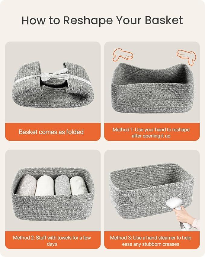 Small Woven Basket, 13.5 x 9.5 x 5 Inches, Storage Basket for Organizing, Cute Small Rope Shelf Closet Cube Storage Bins Baskets for Shelves, Dog Toy Gift Baskets Empty, 3 Packs, Mixed Grey - ModernBath