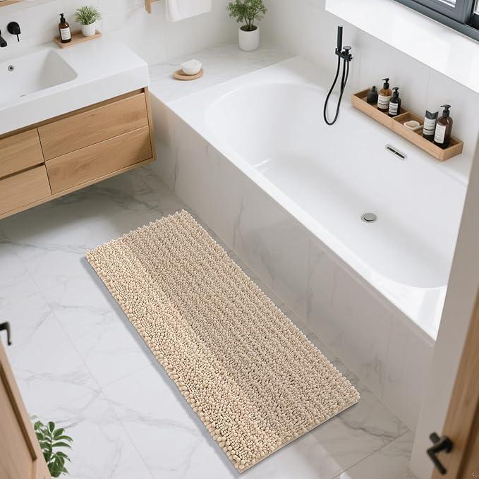 Yimobra Bathroom Runner Rug 55x24 Inch - Extra Long Non Slip Chenille Bath Mat, Soft & Absorbent, Machine Washable Shaggy Hallway Carpet for Vanity Tub Shower, Light Brown Home Decor Accessories - ModernBath