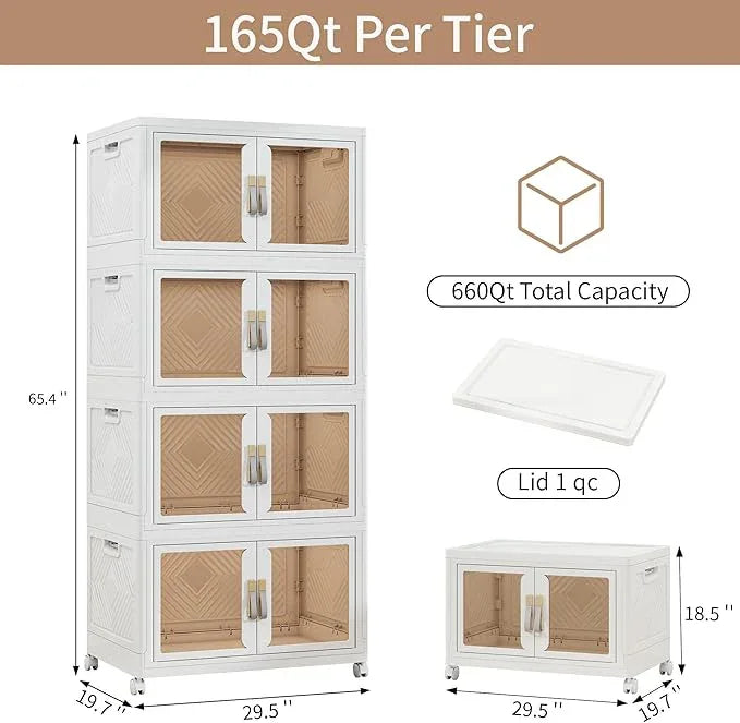 Large Stackable Storage Bins with Lids, 660QT-165QT*4Tier Foldable Cabinet for Closet Organizers, Plastic Storage Containers Box with Wheels - ModernBath