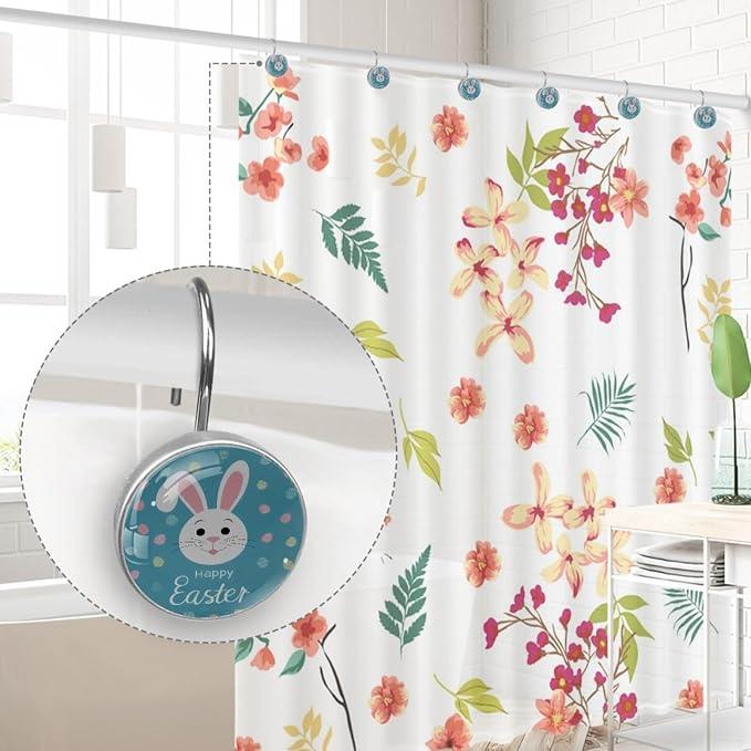 Easter Cute Bunny Rabbit Crystal Glass Shower Curtain Hooks for Bathroom Shower Rod, 12Pcs Round Home Decorative Shower Curtain Rings, Blue Bathroom Bedroom Living Room Accessories - ModernBath