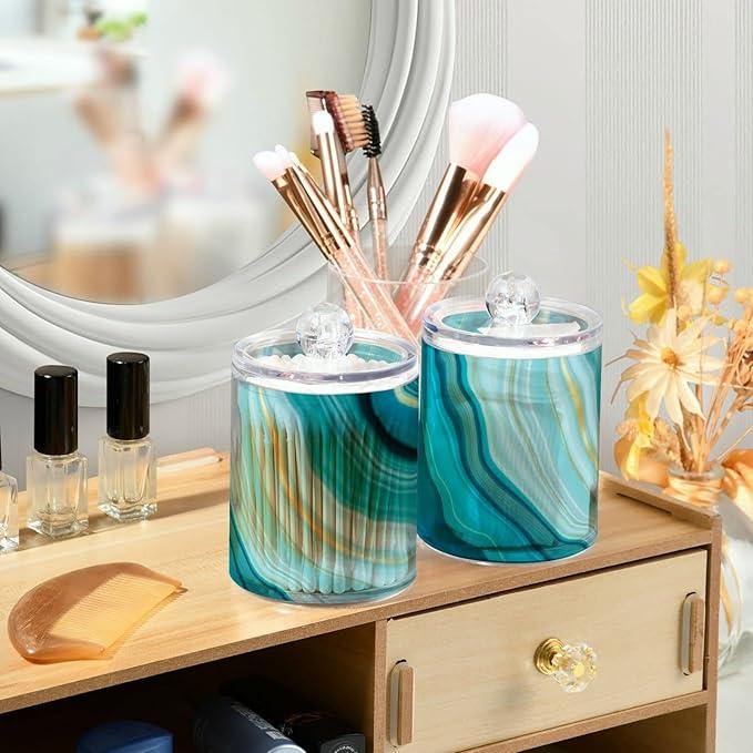 BOENLE 2 Pack Qtip Holder Dispenser Teal Turquoise Blue Marble Bathroom Storage Canister Lid Acrylic Plastic Apothecary Jar Set Vanity Makeup Organizer for Cotton Swab/Ball/Round Pads, Floss - ModernBath