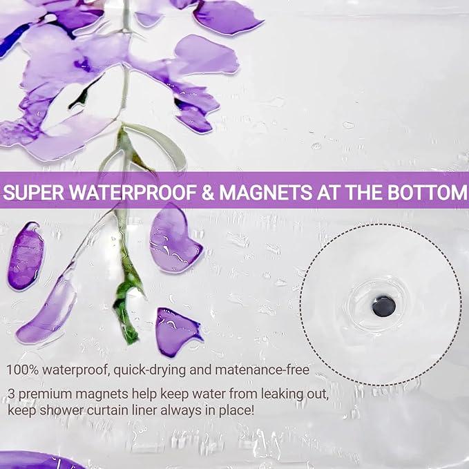 Clear Purple Floral Lavender Butterfly Shower Curtain, Plastic Transparent Cute Pretty Flower Decorative Aesthetic Shower Curtains for Bathroom, 72x78 Weighted Magnetic Shower Curtain Liner with Hooks - ModernBath