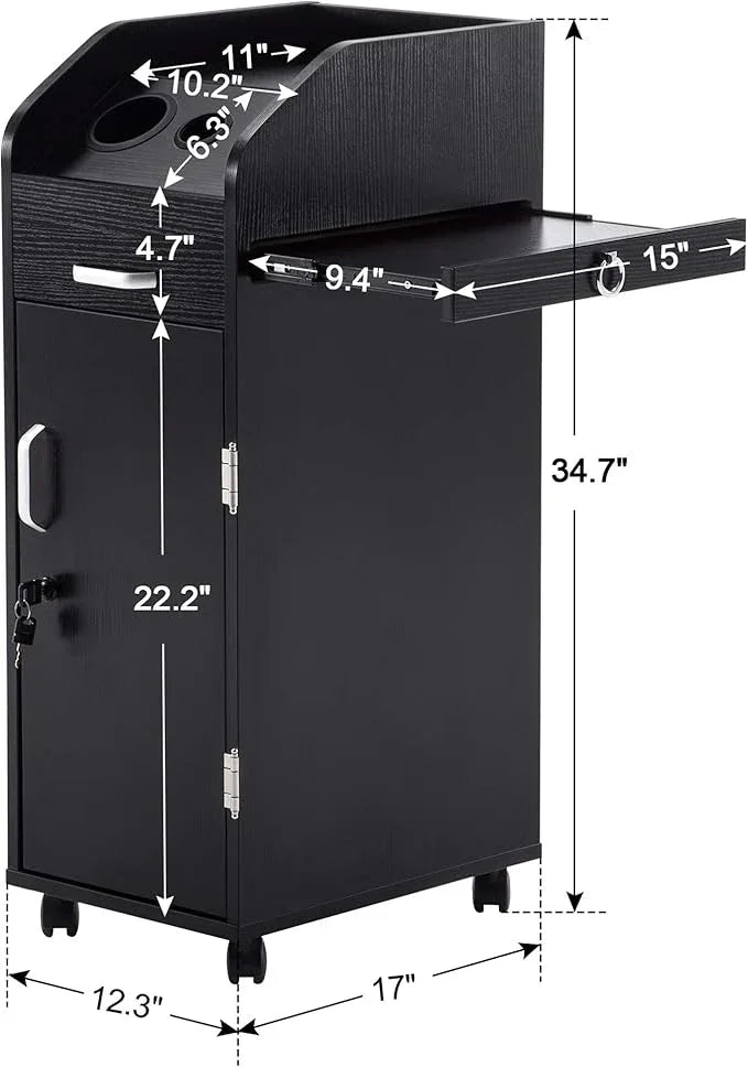 BarberPub Beauty Salon Trolley Storage Cart Hair Dryer Holder Stylist Equipment with Lockable Rolling Wheels, Drawer (Black) - ModernBath