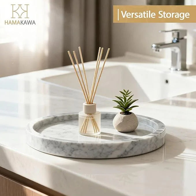 HAMAKAWA Natural Marble Bathroom Vanity Tray, Large Round Sink Tray 9.5 inch, Carrara White Limestone Dresser Tray, Modern Countertop Organizer for Soap Dispenser, Kitchen Counter, Home Decor - ModernBath