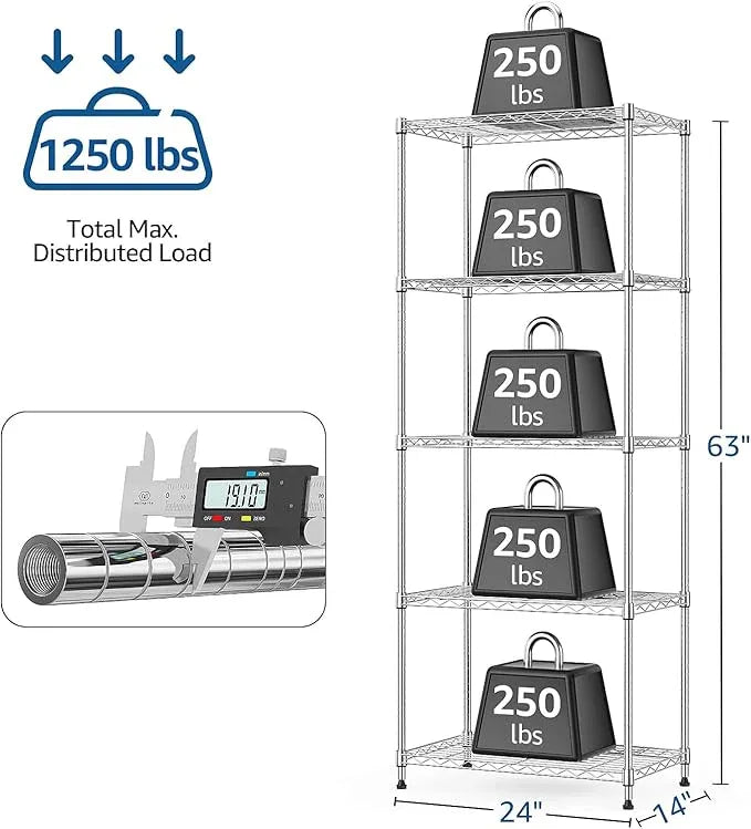 1250 lbs 5 Tier Shelf Metal Storage Shelves Wire Rack Closet Organizers with Wheel for Garage Kitchen Bathroom Laundry Chrome 13.7" D x 23.6" W x 62.4" H - ModernBath