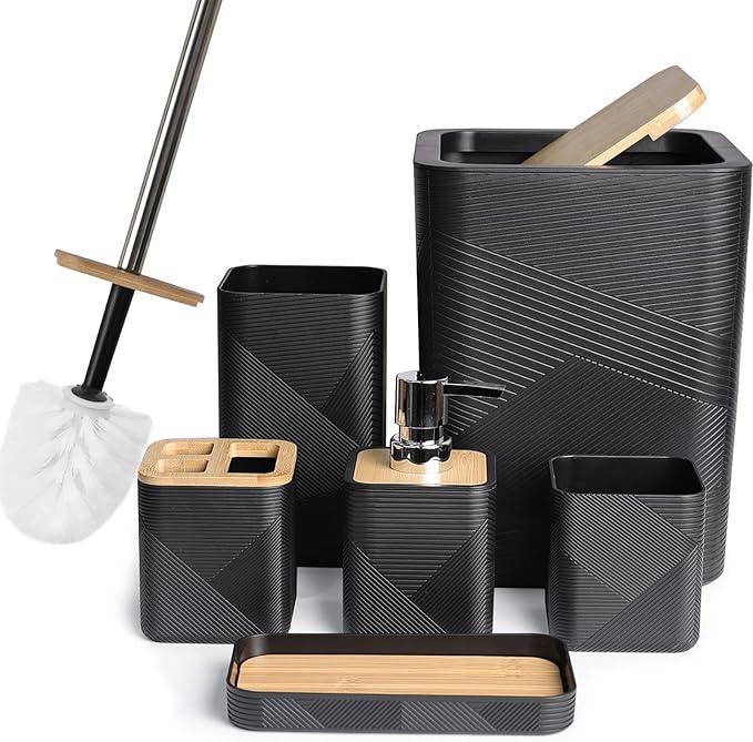 CERBIOR Bathroom Accessories Set 6 Piece Bamboo Bath Ensemble Includes Soap Dispenser, Toothbrush Holder, Toothbrush Cup, Soap Dish for Decorative Countertop and Housewarming Gift (Black) - ModernBath