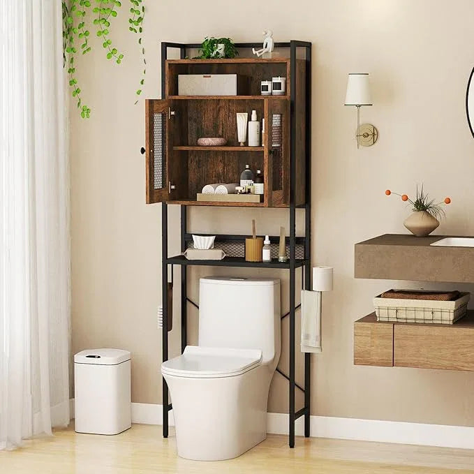 Tangkula Over The Toilet Storage Cabinet, 5-Tier Space Saver Above Toilet with 2 Mesh Doors, Metal Stand, Toilet Paper Holder & Hook, Freestanding Bathroom Cabinet Organizer for Laundry, Rustic Brown - ModernBath