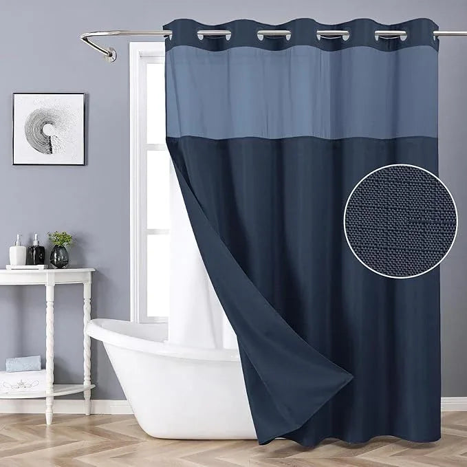 eachope No Hook Shower Curtain with Snap-in Fabric Liner Set,Slub Textured Fabric Shower Curtains for Bathroom,Hotel Style Modern Shower Curtain,Water Repellent & Washable,71x74(72),Navy Blue - ModernBath
