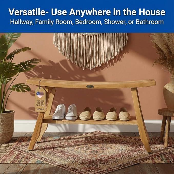 EcoDecors 34 Inch Satori Natural Teak Waterproof Teak Wood Shower Bench Stool Seat Chair For Inside Shower Provides Safety, Storage, and Organization For Bathroom Accessories - ModernBath