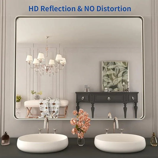 WEER 40X32 Inch Brushed Nickel Bathroom Mirror, Brushed Silver Metal Frame Mirror, Rounded Rectangle Silver Bathroom Vanity Mirror, Tempered Glass, Anti-Rust, Hangs Horizontally or Vertically - ModernBath