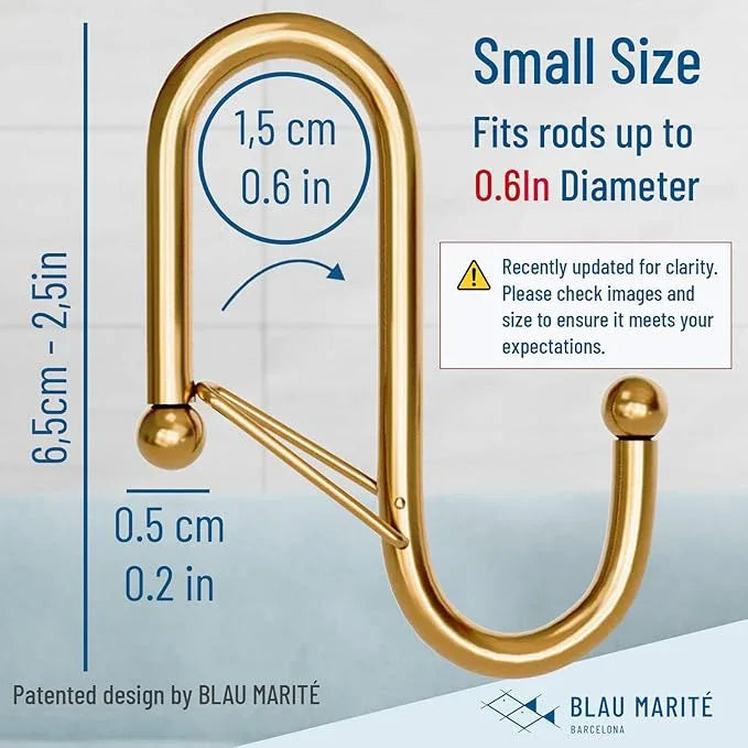 Blau Marité 10-Pack Metal S Hooks for Hanging – Heavy-Duty S-Shaped Hooks with Safety Buckle – Fits Bars up to 0.6 In – Anti-Drop Hook for Kitchen, Pot Racks & Towel Bars – Gold (Small) - ModernBath