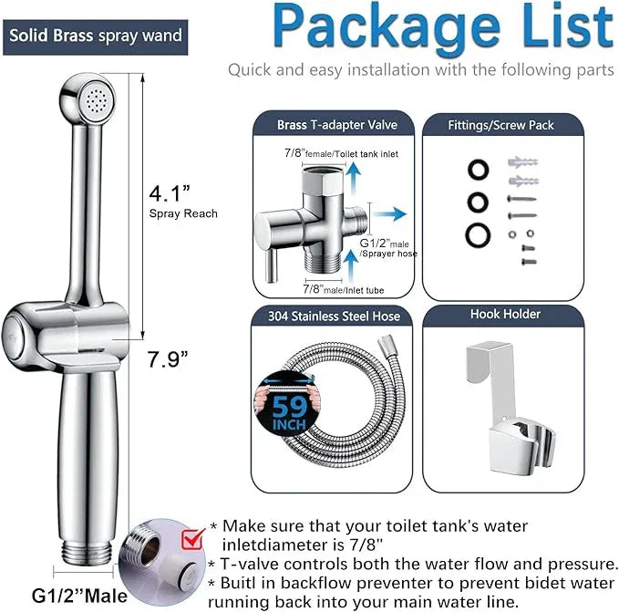 SonTiy Handheld Bidet Sprayer for Toilet, Adjustable Water Pressure Control Cloth Diaper Sprayer with Bidet Hose, Brass Hand Held Bidet Attachment Jet Spray for Toilet with Backflow Preventer, Chrome - ModernBath