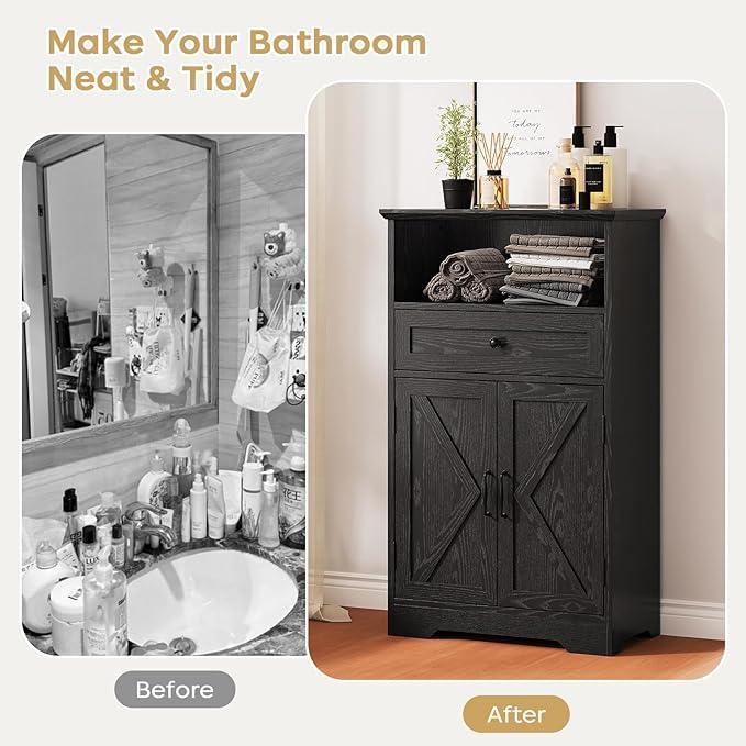 Floor Cabinet, Farmhouse Storage Cabinet with Barn Doors and Drawer, 11.81" D x 23.62" W x 39.37" H Black Freestanding Adjustable Shelf Organizer for Bathroom, Kitchen, Living Room - ModernBath