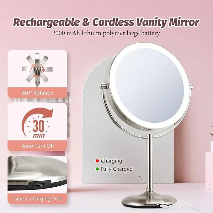 9" Lighted Makeup Mirror, 1X/20X Rechargeable Magnifying Mirror with 3 Color Dimmable Lights for Bedroom Tabletop, Base Charging and Switch, Women Gift - ModernBath