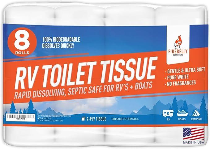 RV Toilet Paper, Septic Tank Safe-MADE IN THE USA- 8 Rolls,2-Ply 500 Sheets - Fast Dissolve Bath Tissue for Camping, Marine, RV Holding Tanks, Biodegradable - Firebelly Outfitters - ModernBath