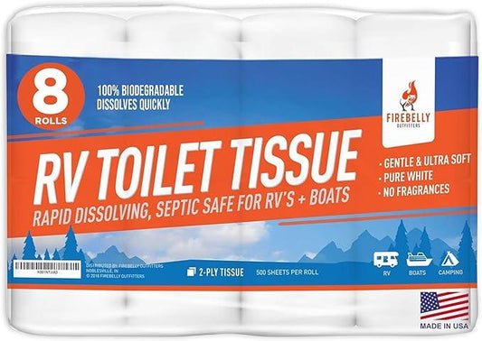 RV Toilet Paper, Septic Tank Safe-MADE IN THE USA- 8 Rolls,2-Ply 500 Sheets - Fast Dissolve Bath Tissue for Camping, Marine, RV Holding Tanks, Biodegradable - Firebelly Outfitters - ModernBath