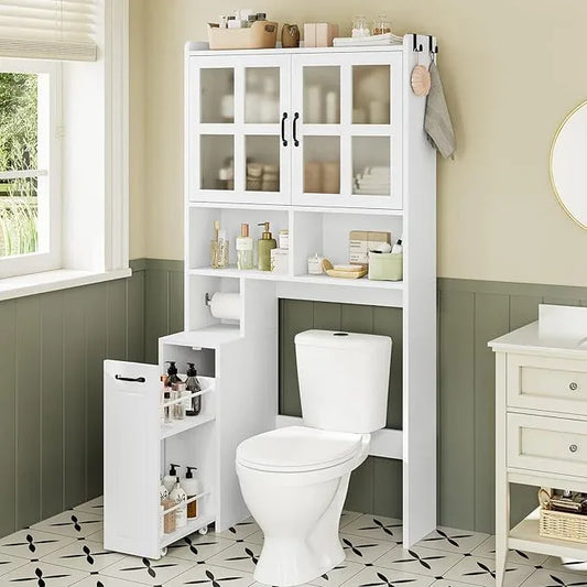Over The Toilet Storage Cabinet with Pulley Small Bathroom Storage Cabinet, Space Saver W/Adjustable Shelf & Glass Doors for Bathroom, Restroom, Laundry (Frosted Mirror-Type B) - ModernBath