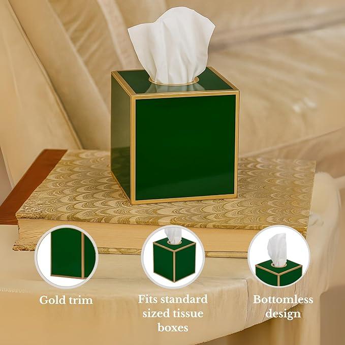 Jaye’s Studio Decorative Square Metal Tissue Box Cover Gold - Luxury Cube Facial Tissue Holder & Dispenser for Bathroom, Bedroom & Home, Modern Chic & Farmhouse Decor, Mattie Line (Emerald Green) - ModernBath