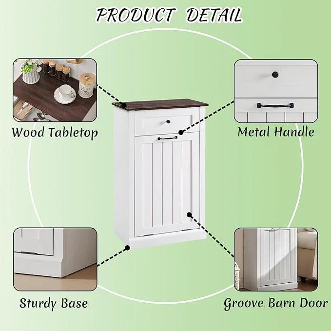 Tilt Out Laundry Hamper Cabinet, 10 Gallon Farmhouse Trash Can Cabinet with Drawer, Hidden Wood Garbage Can Bin Cabinet with Laundry Storage Basket for Bathroom, Kitchen, Antique White - ModernBath