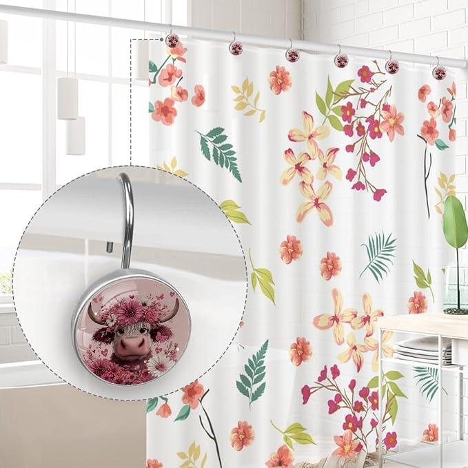 Highland Cows and Florals Rust Proof Shower Curtain Hooks 12Pcs for Bathroom Shower Rod, Decorative Shower Hooks Shower Curtain Hanger Rings Roller, Glass, Resin, Stainless Steel - ModernBath