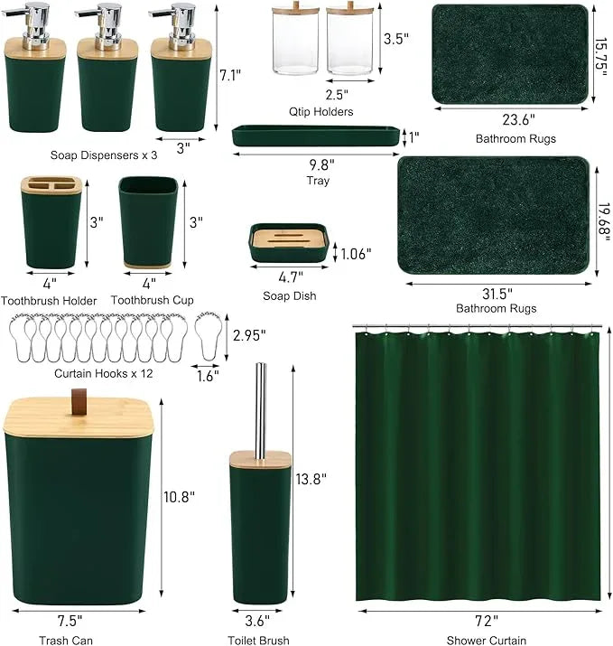 XLHOMO Bathroom Sets with Shower Curtain and Rugs, 27PCS Dark Green Bathroom Accessories Set with Trash Can, Green Shower Curtain Set, No Slip Super Absorbent Bathroom Rugs - ModernBath