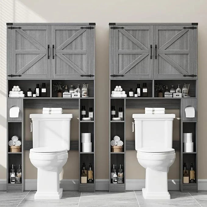 Vabches Over The Toilet Storage Cabinet, Farmhouse Storage Cabinet Over Toilet with 2 Barn Doors ，Toilet Paper Holder Stand，Home Space-Saving Toilet Rack, for Laundry, Restroom, Bathroom.Grey. - ModernBath