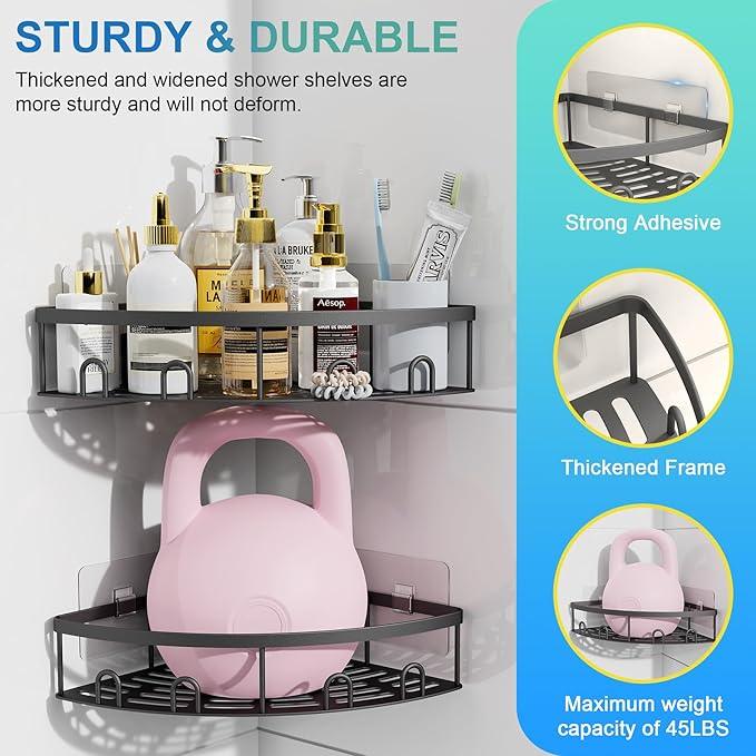 Corner Shower Caddy, 2 Pack Adhesive Bathroom Shower Corner Organizer Shelf, No Drilling Rustproof Wall Mounted Shower Storage Rack Shampoo Holder Organizer (Black) - ModernBath