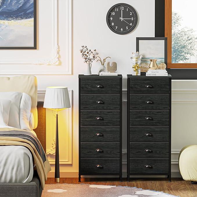 Furnulem Tall Dresser with 6 Drawers,Vertical Bedside End Table & Chest for Bedroom,Black Storage Tower Dorm Nightstand with Fabric Drawer Organizer Unit Furniture in Living Room,Closet,Hallyway - ModernBath