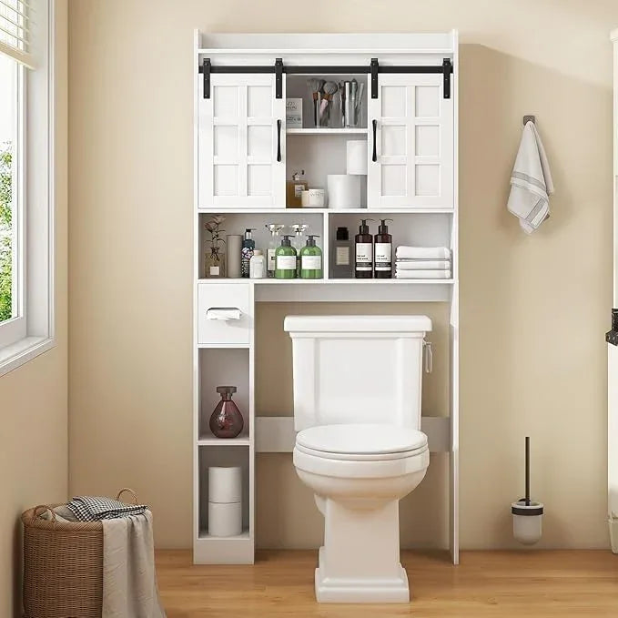 Over The Toilet Storage Cabinet, Farmhouse Storage Cabinet Over Toilet with Sliding Doors，Home Space-Saving Toilet Rack, for Bathroom, Restroom, Laundry,White - ModernBath