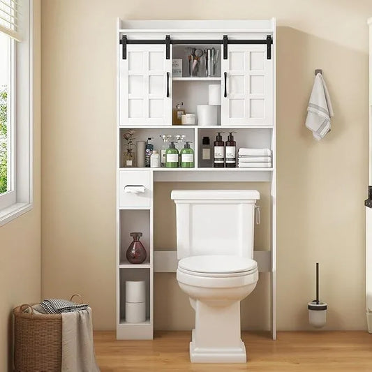 Over The Toilet Storage Cabinet, Farmhouse Storage Cabinet Over Toilet with Sliding Doors，Home Space-Saving Toilet Rack, for Bathroom, Restroom, Laundry,White - ModernBath