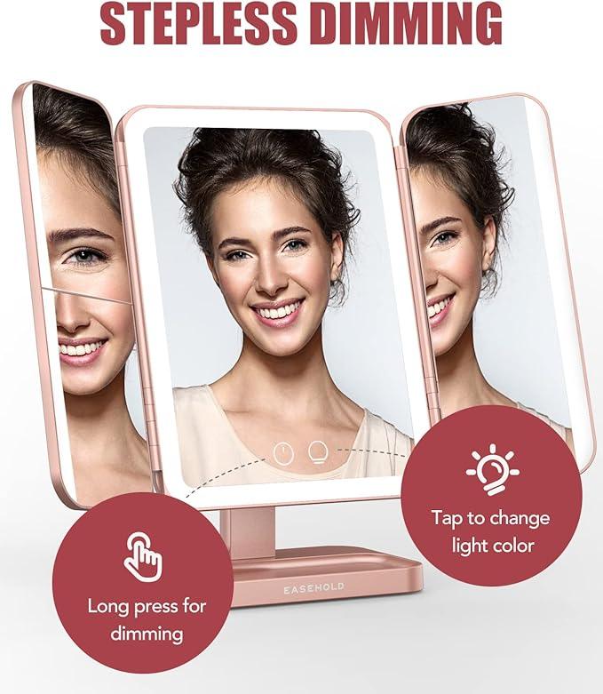 EASEHOLD Rechargable Makeup Mirror Vanity Mirror with Lights, 5000Mah & USB Cable, 112 LEDs Lighted Trifold Mirror with 1X 2X 3X 10X Magnification, Smart Touch, Portable Cosmetic Beauty Mirror - ModernBath