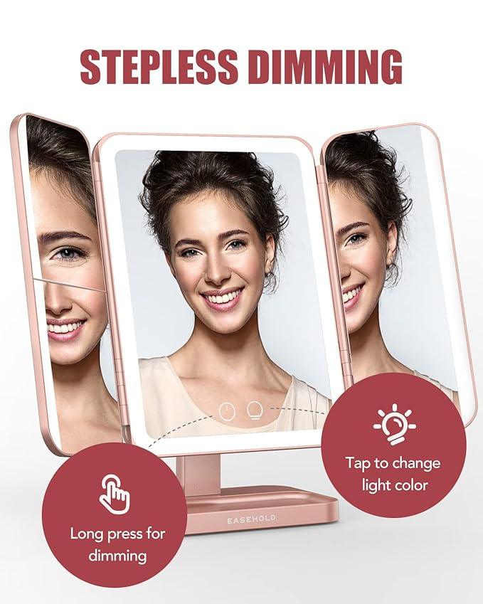 EASEHOLD Rechargeable Vanity Mirror with Lights, 116 LEDs Make up Mirror, 3-Color Lighted Makeup Mirror, 2X/3X/10X Magnification, 5000 mAh, Touch Sensor, Light up Mirror, Gifts for Women - ModernBath