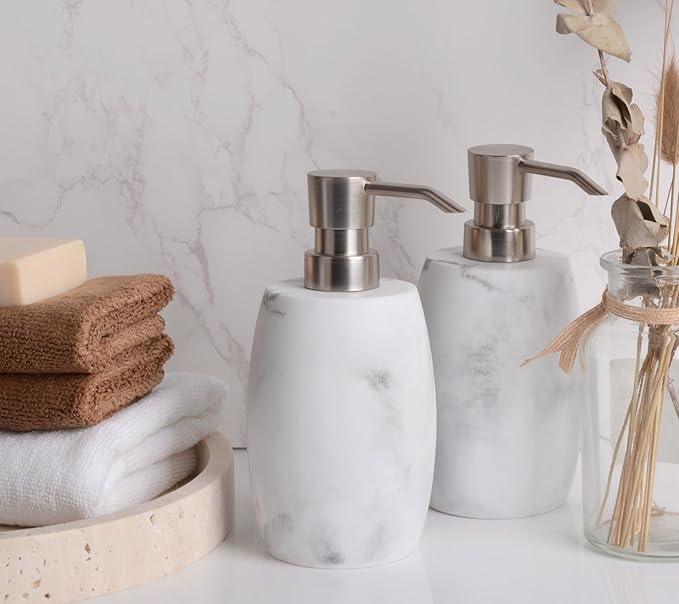 Clasin Home Resin Hand Soap Dispenser, Refillable Soap Dispenser with White Marble Look and Metallic Pump, Waterproof Bottle Labels for Bathroom Kitchen Dish Hand Wash Shower Lotion Shampoo (12 Oz) - ModernBath