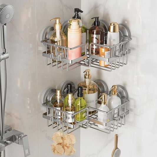 LEVERLOC Corner-adaptive Suction Cup Shower Caddies 2 Pack, Stainless Steel Rustproof Corner Shower Shelf, Large Capacity Removable Suction Cup Bathroom Organizer, Drill-Free Wall Mounted Basket, Gray - ModernBath