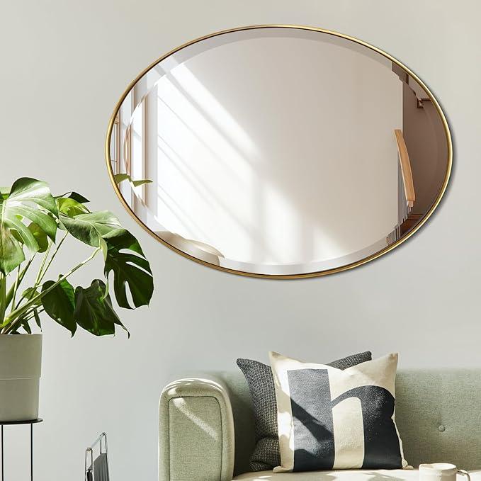 POZINO Brushed Gold Beveled Mirror, 24"x36" Brass Oval Mirrors, Bathroom Mirror for Over Sink, Modern Rounded Vanity Wall Mirrors in Premium Stainless Steel Frame, Hangs Horizontal Or Vertical - ModernBath