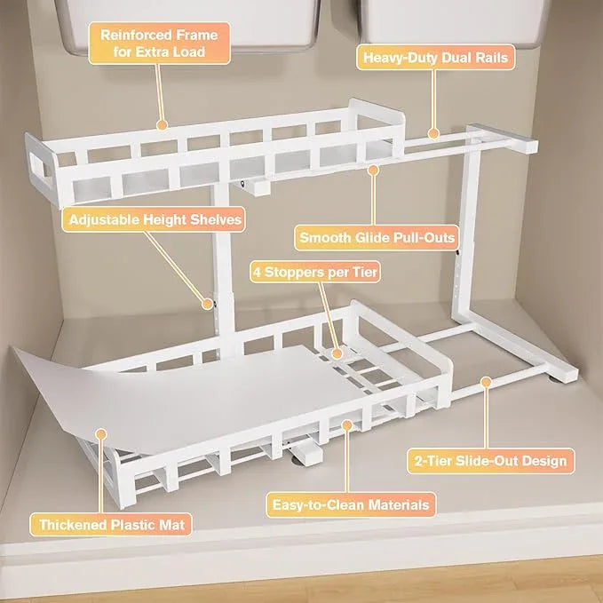Under Sink Organizer, Metal Large Capacity 2-Tier Sliding Cabinet Storage Rack, Heavy-Duty Rust-Resistant Steel Frame, Holds 50 lbs, Adjustable Height 12–16", 14"D x 11"W for Kitchen & Bathroom, White - ModernBath
