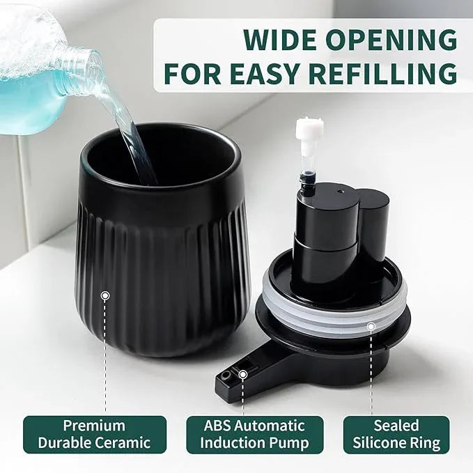 BosilunLife Ceramic Automatic Soap Dispenser with Extended Pump Nozzle, 3 Adjustable Levels, Touchless Foam Hand Wash Foaming Dispenser for Bathroom & Kitchen, Striped Design, Black, 10oz - ModernBath