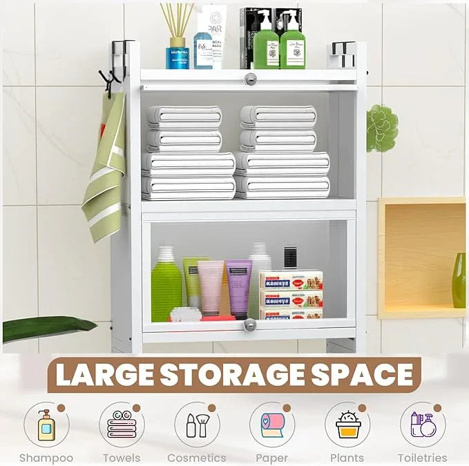 ZZL Over The Toilet Storage Cabinet,3-Tier,Bathroom Toilet Organizer,Waterproof, Cabinet Door Design,Freestanding Space Saver with 4 Hooks for Bathroom,White - ModernBath
