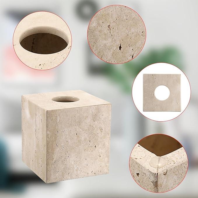 Sumnacon Square Tissue Box Cover Natural Travertine Tissue Cover with Pads, Heavy Duty Stone Tissue Box Holder,Gorgeous Tissue Holder for Toilet Bathroom Kitchen Bedroom Living Room Table,Light Beige - ModernBath