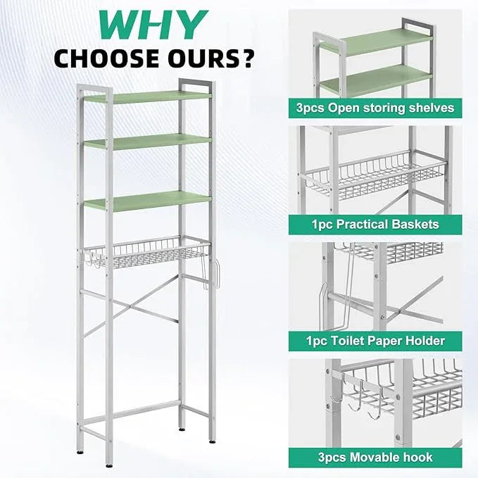 Over-The-Toilet Storage Rack, 4-Tier Bathroom Organizer Shelf Over Toilet with Adjustable Shelf and Basket, Freestanding Space Saver Bathroom Shelves Above Toilet for Room (Avocado Green) - ModernBath
