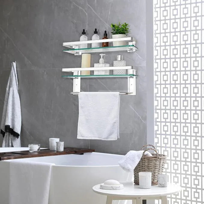 Suzile Set of 2 Glass Bathroom Shelves with Bar, Wall Mounted 15.7 x 4.7 Inches, Bathroom Shelves Hanging Modern Floating Shelf Metal Stick Room Rustproof Organizer Decorative(Silver) - ModernBath