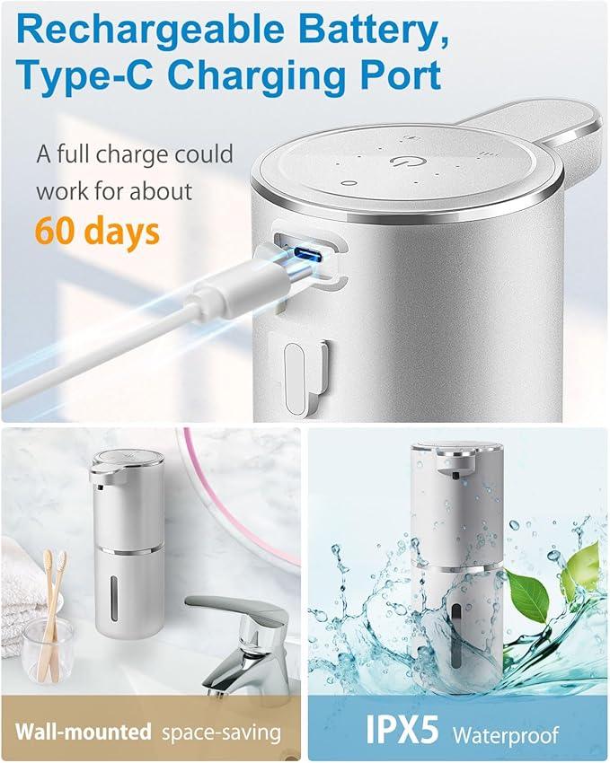 Gotofine Automatic Foaming Soap Dispenser,4-Level Adjustable Foam, Wall Mount, USB Rechargeable,12.8oz/ 380ml,Touchless Hand & Dish Soap Dispenser for Bathroom, Kitchen,Hotel, Restaurant - ModernBath