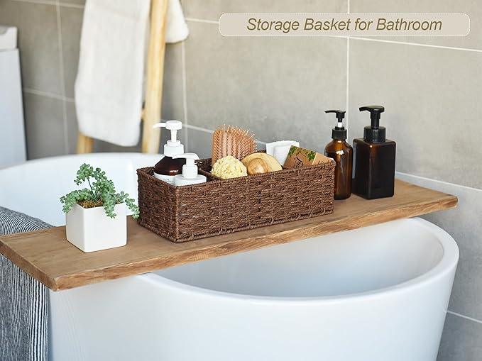 StorageWorks 3-Section Wicker Baskets for Shelves, Hand-Woven Round Paper Rope Storage Baskets, Walnut, 2-Pack - ModernBath