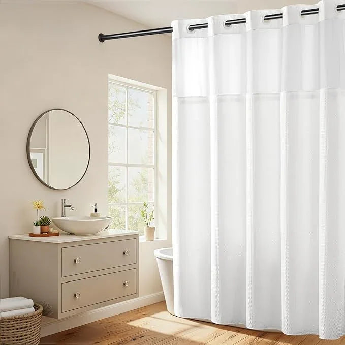 River Dream Heavyweight No Hooks Required Dotted Waffle Weave Shower Curtain with Snap in Liner - 71W x 80H,Hotel Grade,Spa Like Bath Curtain,White - ModernBath
