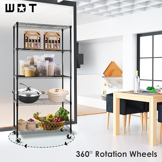 WDT 5-Shelf Shelving Units on Wheels Casters, Adjustable Heavy Duty Metal Shelf Wire Storage Rack for Home Office Garage Kitchen Bathroom Organization(16”Wx36”Dx75”H), Black - ModernBath