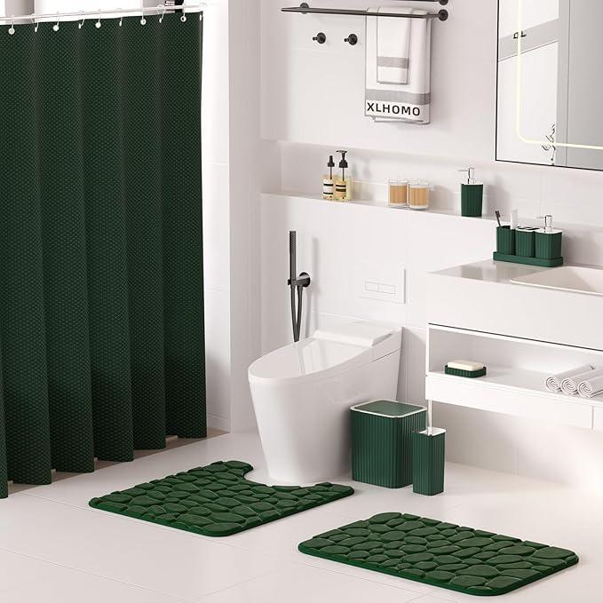 XLHOMO Bathroom Set- 25PC Green Bathroom Sets, Bathroom Set with Shower Curtain and Rugs, Dark Green Shower Curtain Set, Bathroom Accessories Set, Bathroom Trash Can - ModernBath