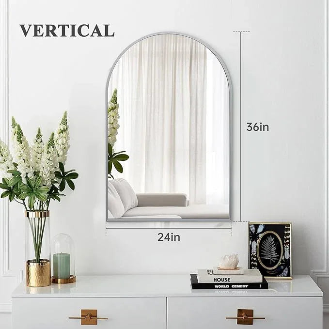 Minuover 24" x 36" Silver Arched Mirror, Modern Aluminum Alloy Metal Frame, Arch Bathroom Vanity and Wall Decor Mirror for Bathroom, Living Room, Bedroom, Entryway - ModernBath