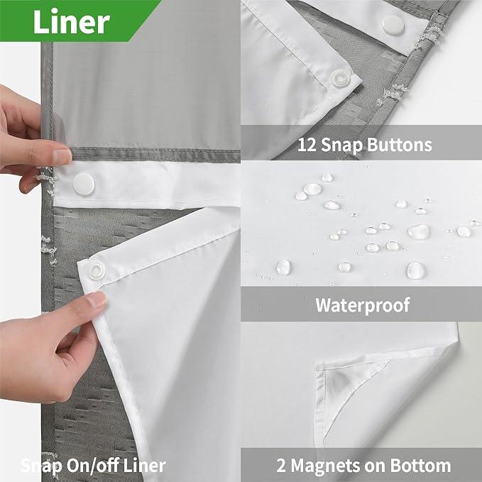 eachope Extra Long Grey No Hook Shower Curtain with Snap-in Liner Set,Boho White Woven Fabric Tufted Chevron Striped Design,Modern Chic Minimalist Bathroom Curtain,71x86 - ModernBath