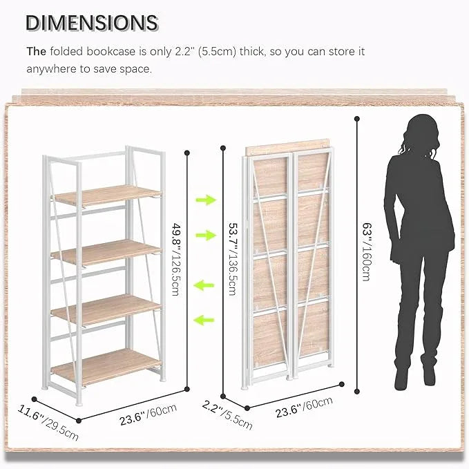 4NM No Assembly Folding Bookshelf Storage Shelves 4 Tiers Vintage Bookcase Standing Racks Study Organizer Home Office (Natural White) - ModernBath